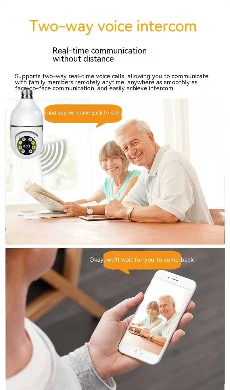 Wireless bulb security camera with 1080p resolution and full colour night vision for indoor outdoor use
