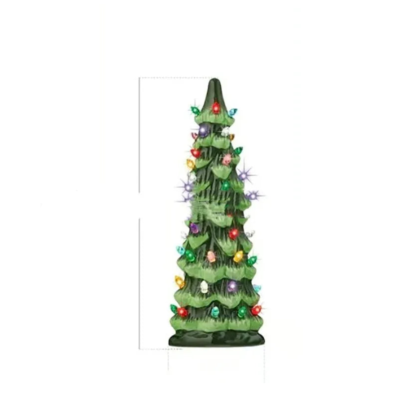 European-style resin Christmas tree decoration in various sizes with coloured or warm lighting options.