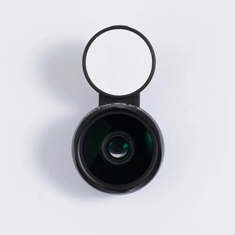 Smartphone wide-angle camera lens and colourful LED selfie light kit in black, red, and silver grey.