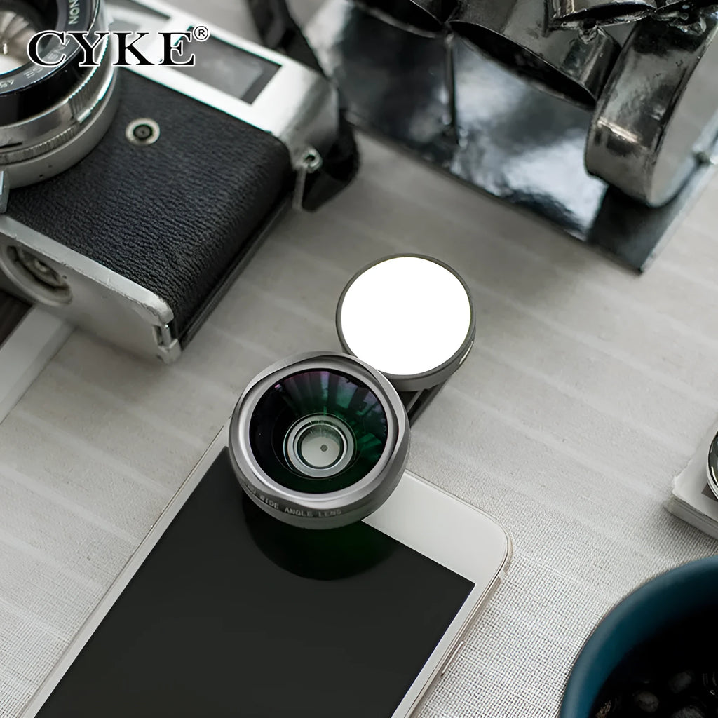 Smartphone wide-angle camera lens and colourful LED selfie light kit in black, red, and silver grey.