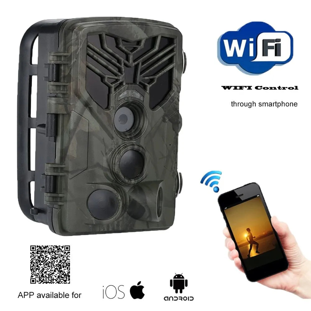 Wifi830 compact wildlife camera with camouflage finish showing lens, display, and mounting bracket