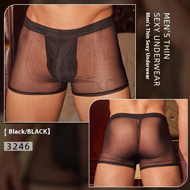 Men's black ultra-thin nylon boxer briefs on a white background, showing elastic waistband.