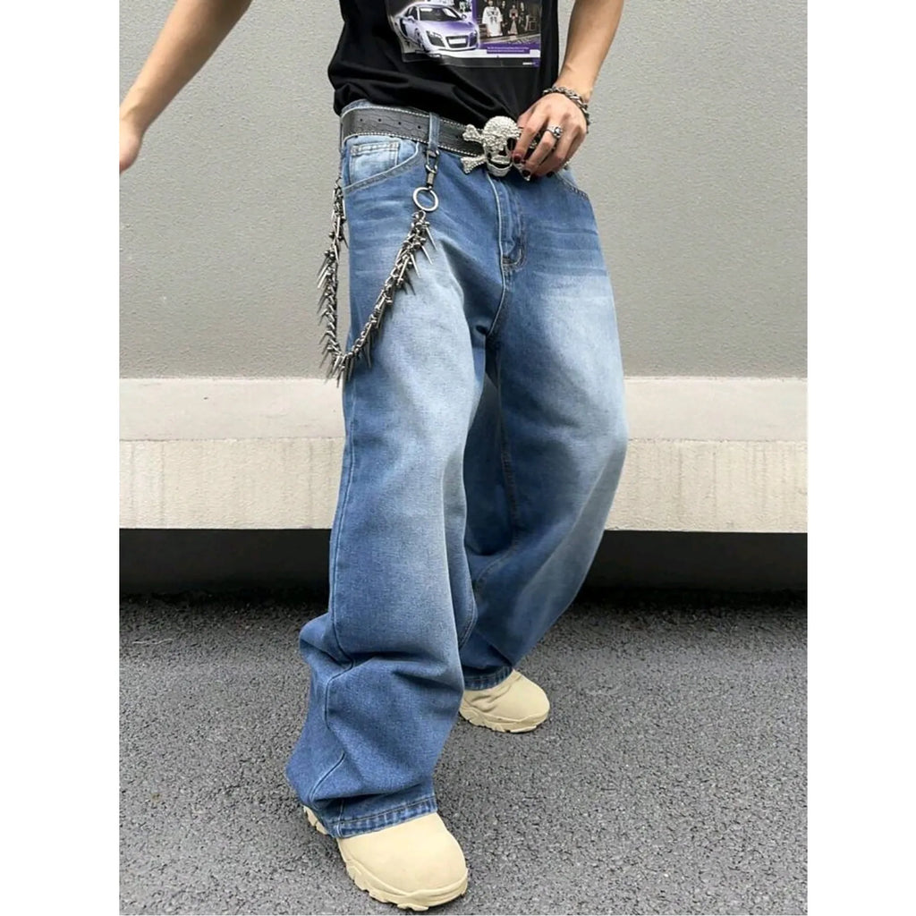 Men's sky blue cotton denim straight loose fit jeans with zip placket, casual style