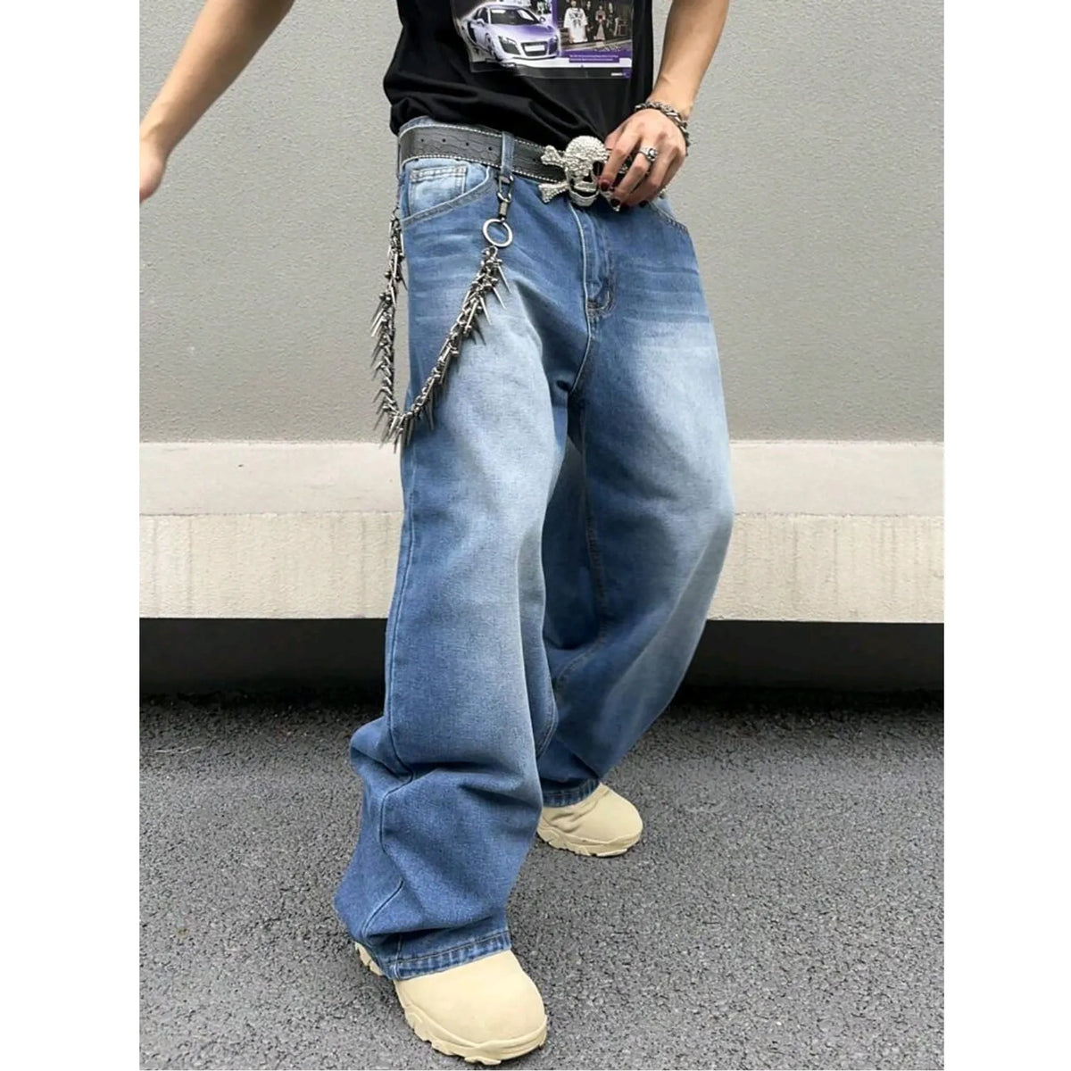 Men's sky blue cotton denim straight loose fit jeans with zip placket, casual style