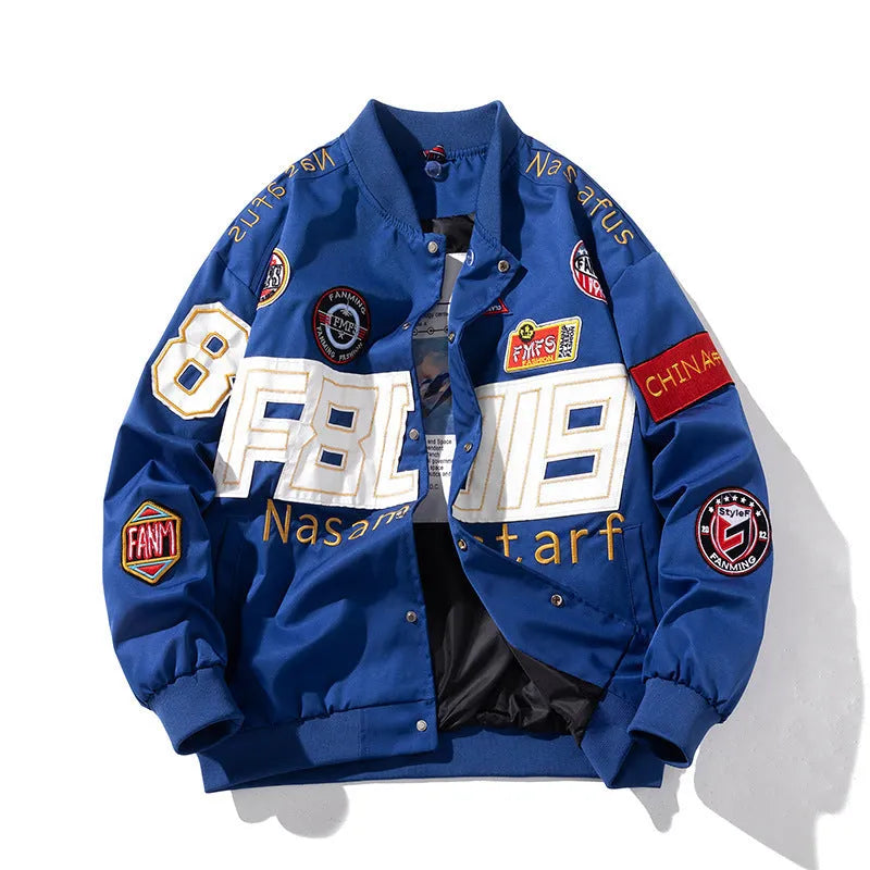 Men's thick motorcycle jacket racing suit with embroidered baseball design in black, blue, and red colours