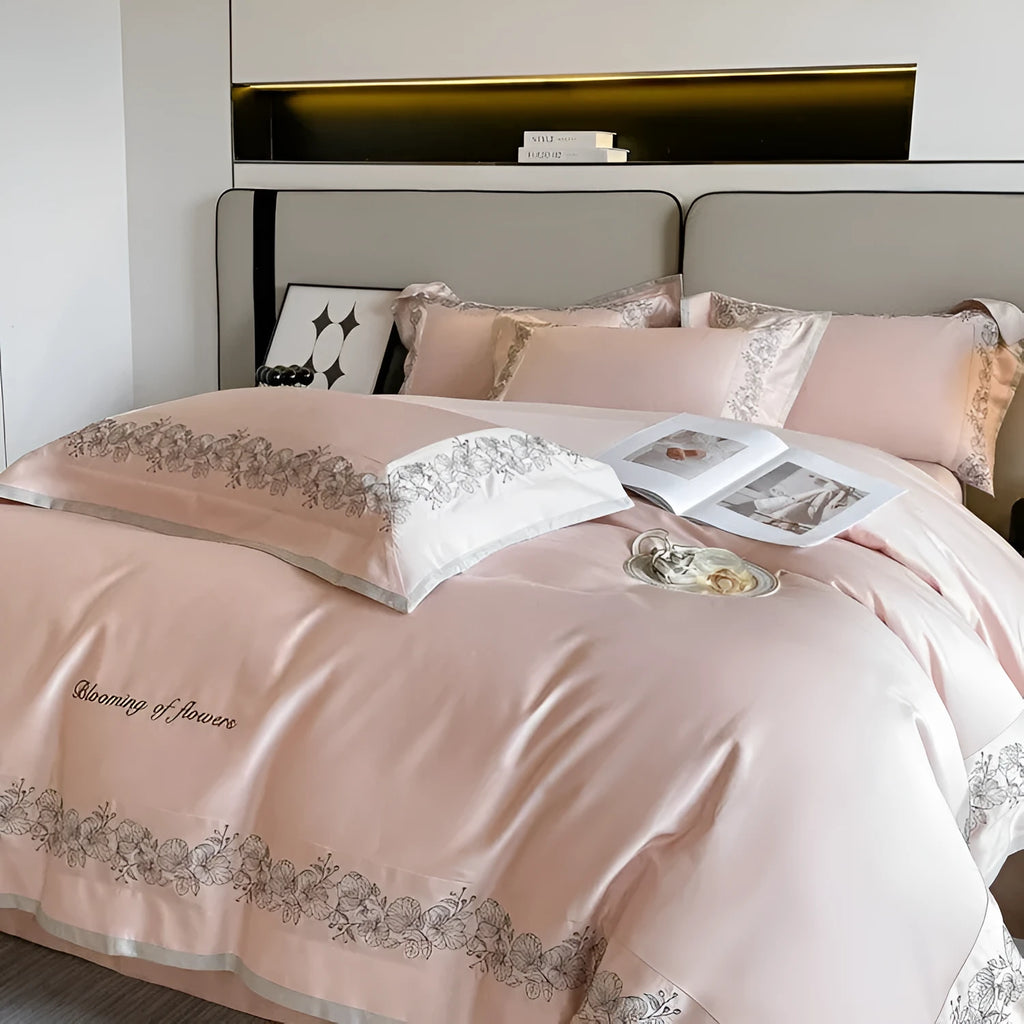 120 thread count long-staple cotton embroidered four-piece bedding set in grey, pink or white for 1.5 m or 1.8 m beds