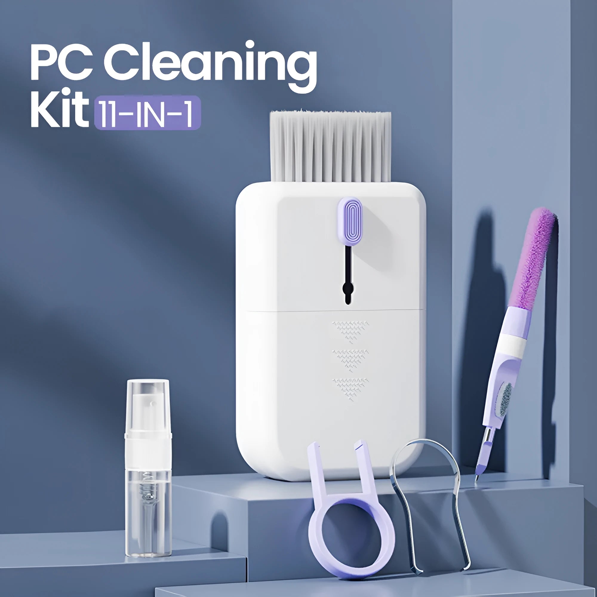 Portable 11 in 1 cleaning kit with brushes and storage box in blue and orange for keyboard and phone screen cleaning