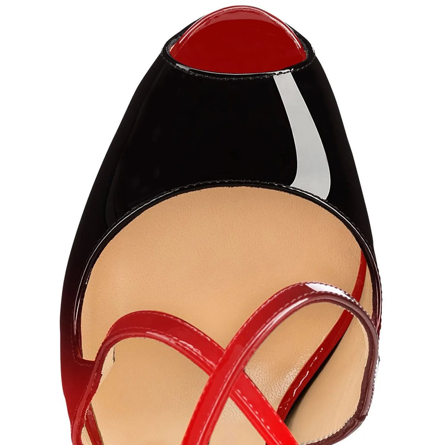Black and red peep toe women's high heels with cross straps and super high 8cm+ rubber soles