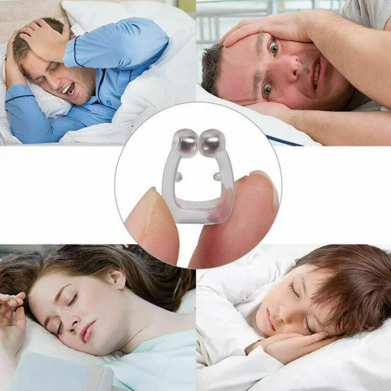Mini magnetic silicone anti-snoring nose clip in white on a transparent plastic box