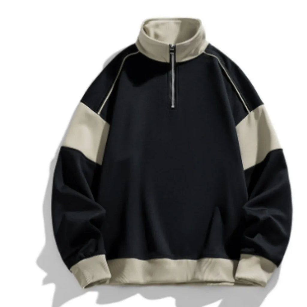 Man wearing a beige drop shoulder hooded corduroy pullover sweater with loose lapels