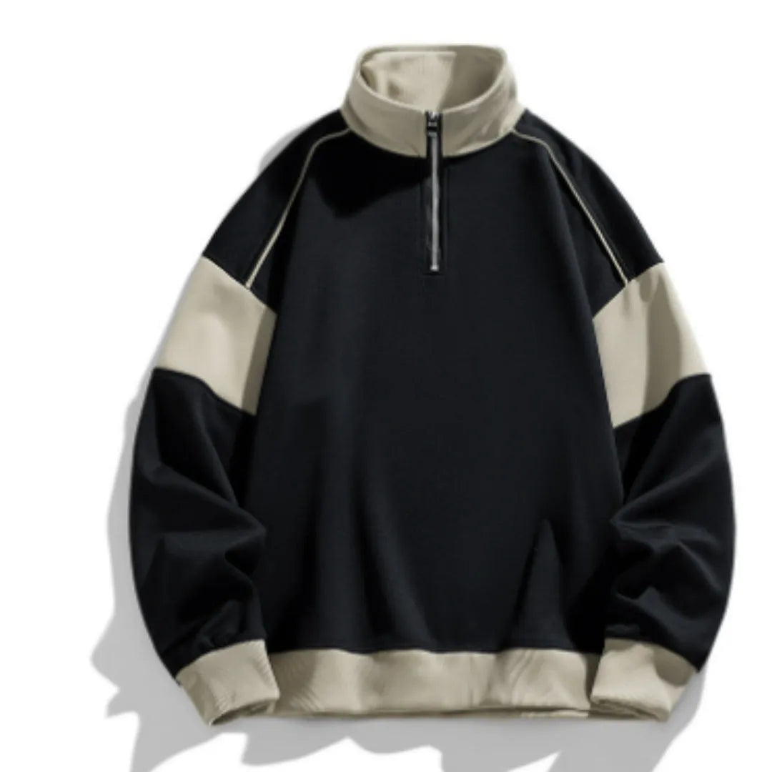 Man wearing a beige drop shoulder hooded corduroy pullover sweater with loose lapels