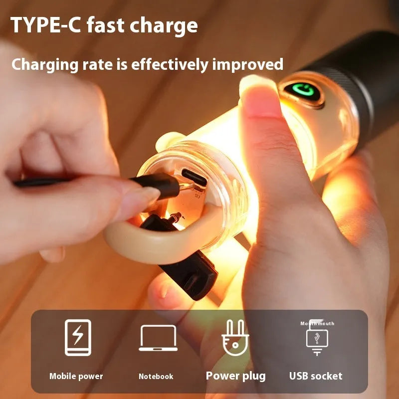 Orange 10W dual light source LED flashlight with hook and keychain attachment