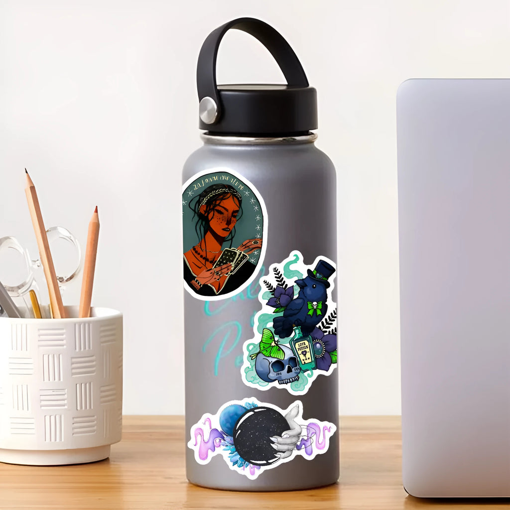 Pack of 50 colourful waterproof PVC vinyl stickers for laptops and skateboards on a smooth surface