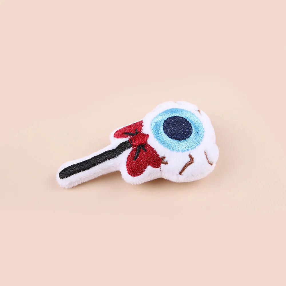 Small plush cat teaser wand toy with colourful candy or eyes design for interactive pet play.