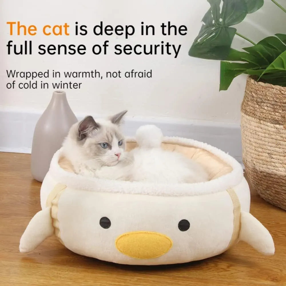 Green dinosaur chick design cat bed shown both flat and hanging, for small cats and dogs.