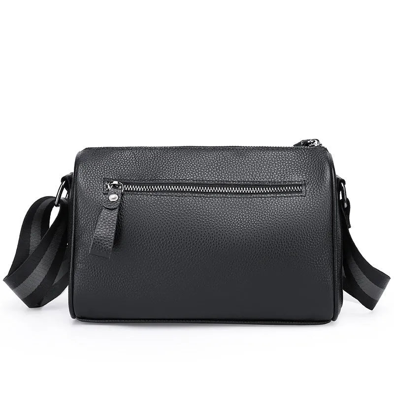 Black genuine leather one-shoulder crossbody bag showing front view and dimensions