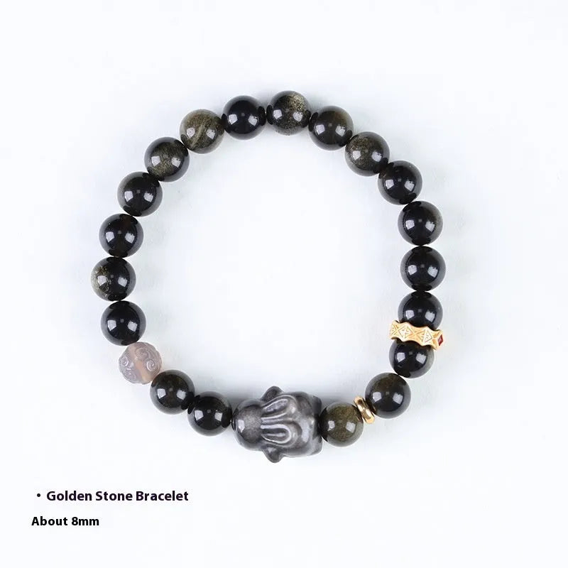 Handmade lying rabbit obsidian bracelet with brass charm and grey agate beads in two sizes