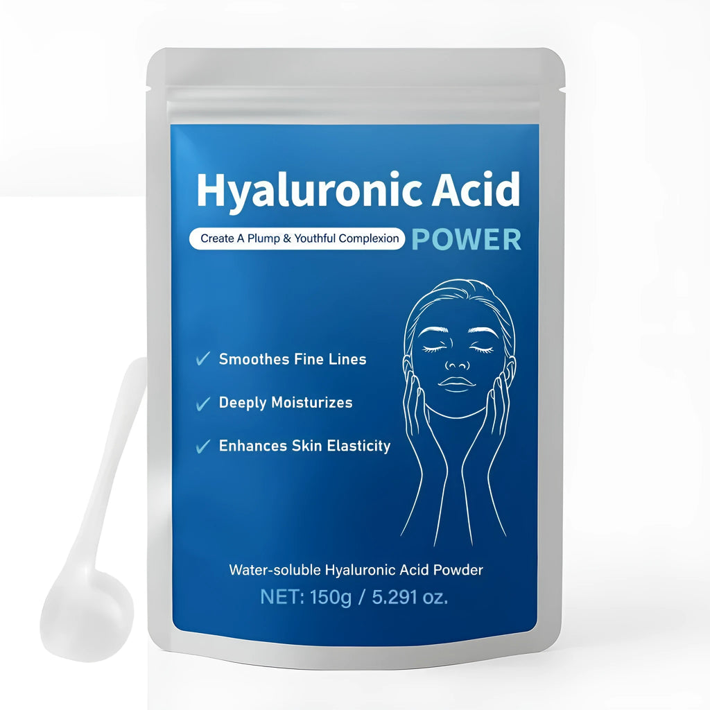 Clear hyaluronic acid powder in a 150g jar for DIY skincare serum making