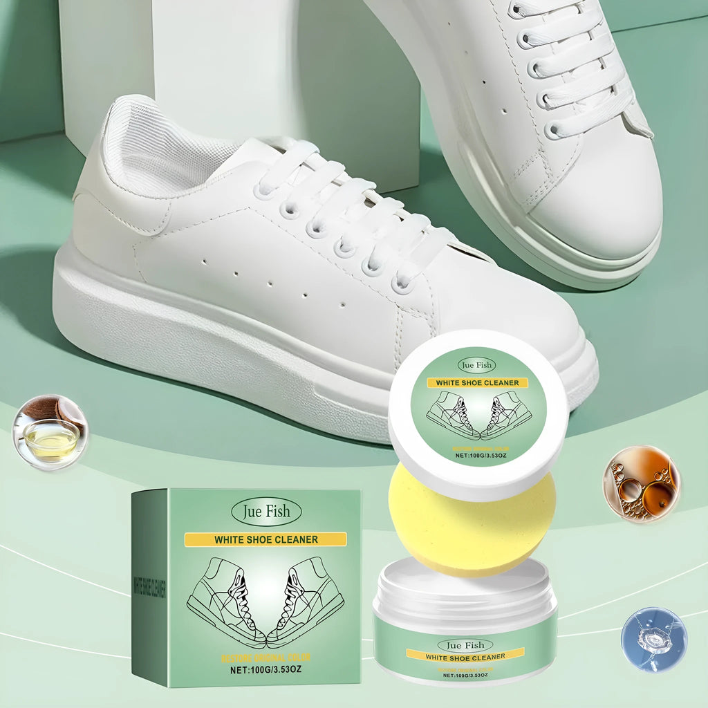 White shoe cleaning cream in a 100g tub with a sponge for portable stain removal