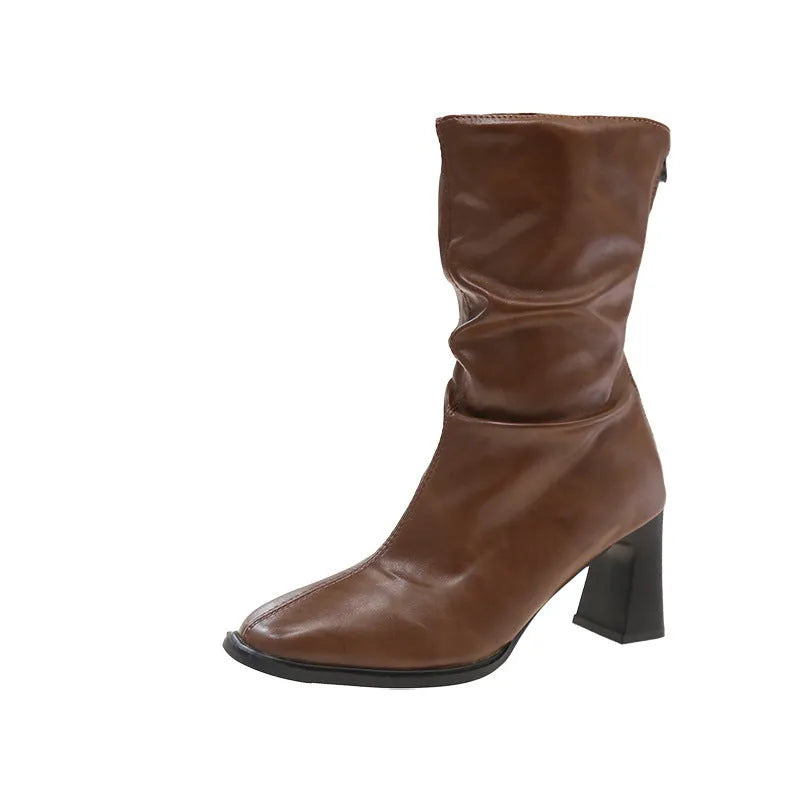 Women's wide fit high heel ankle boots with square toe, chunky heel, and back zipper in black, brown, or coffee.