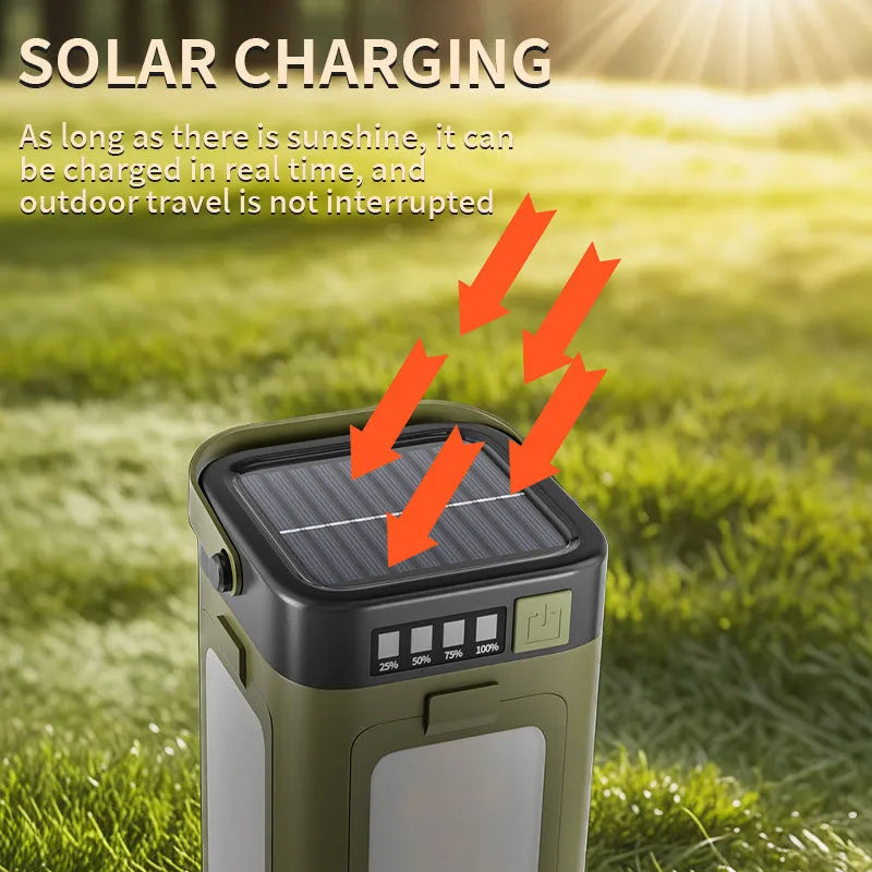 Four-leaf folding solar camping light with built-in 2000 mAh 18650 battery and press switch, 12 x 7 x 7 cm