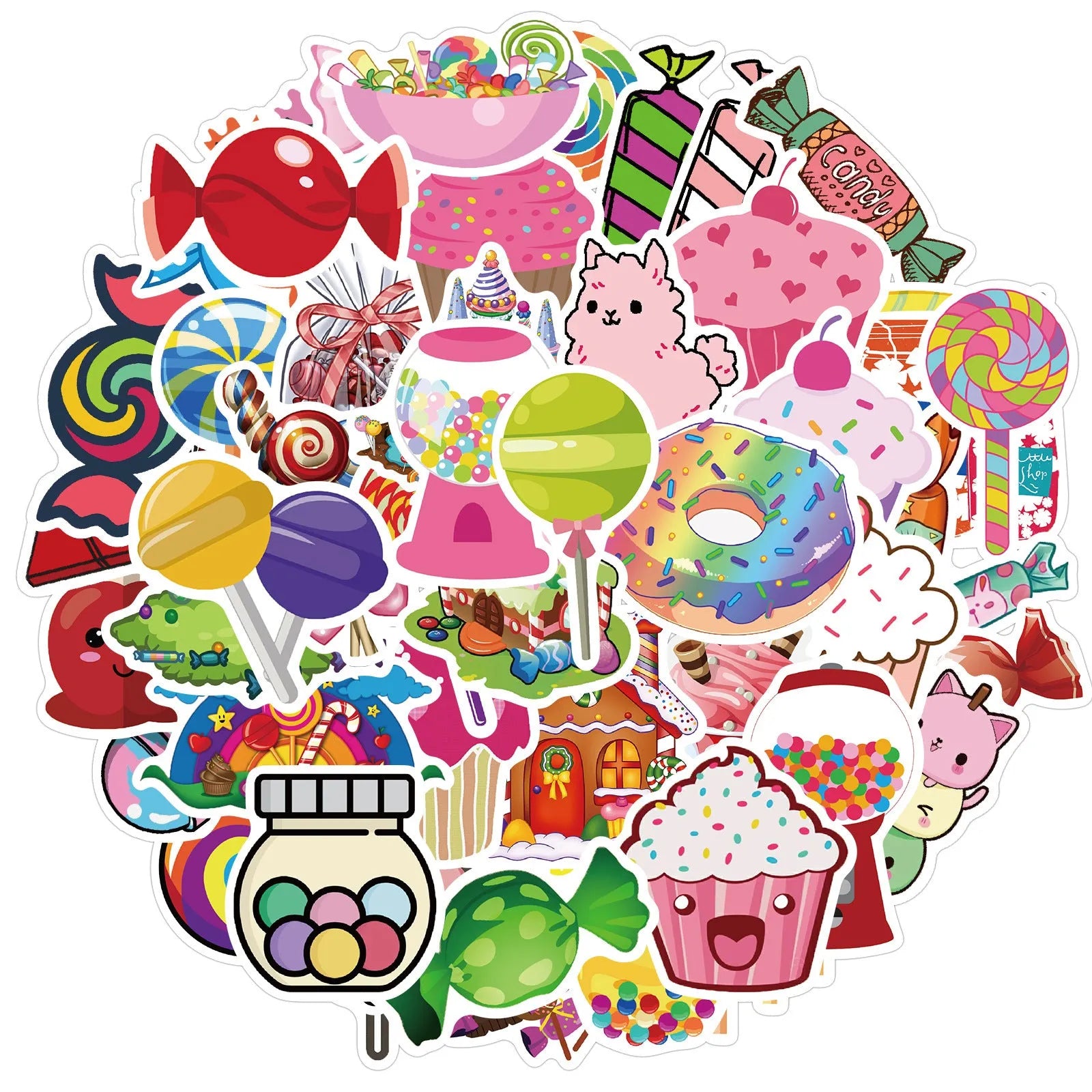 Pack of 50 colourful candy graffiti stickers with cartoon designs, sized 4-6cm.