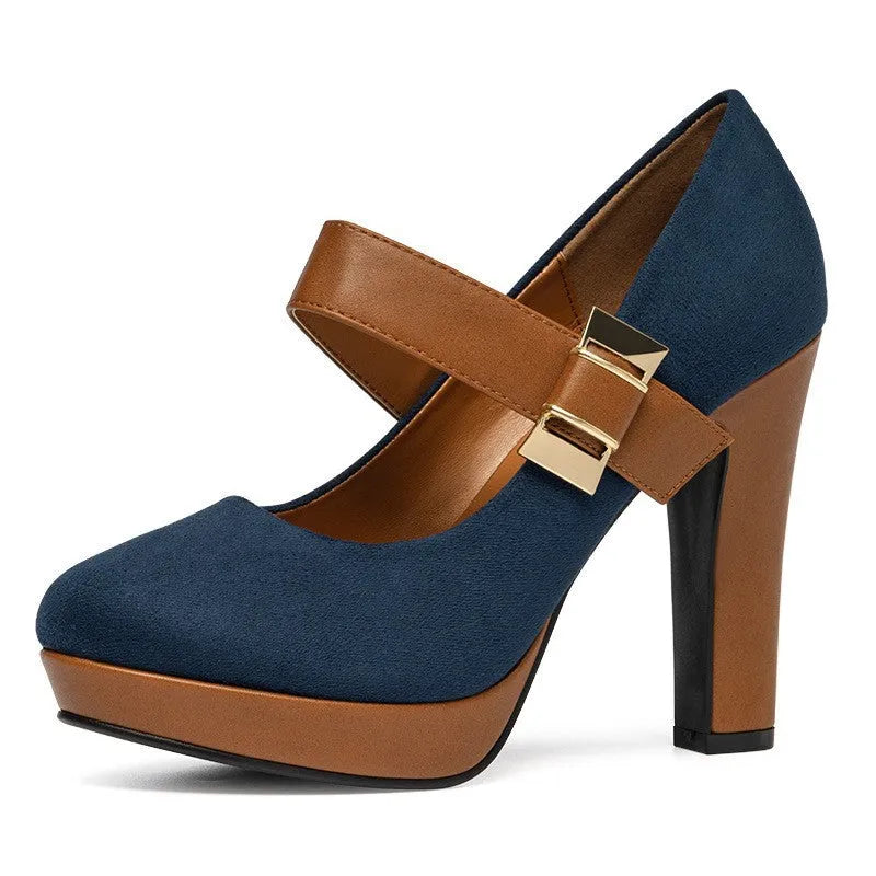 Women's platform chunky heel sandals with 6-8cm heel, PU cloth upper, rubber sole, in blue, black, or rose red