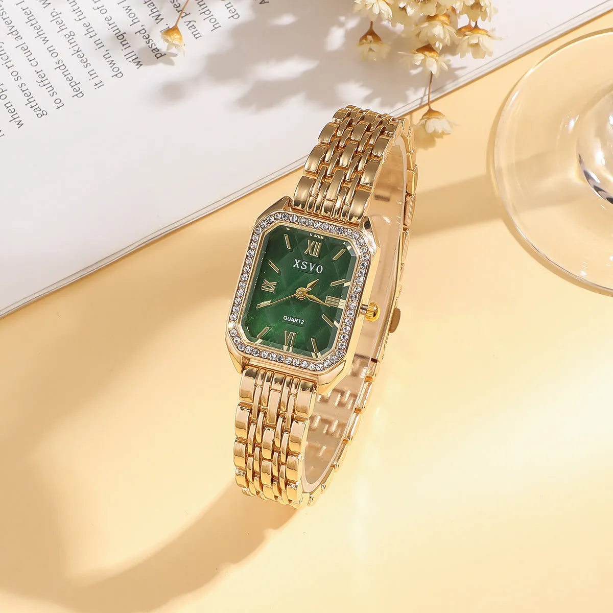 Gold green square watch and four matching bracelets jewellery set with 25mm dial