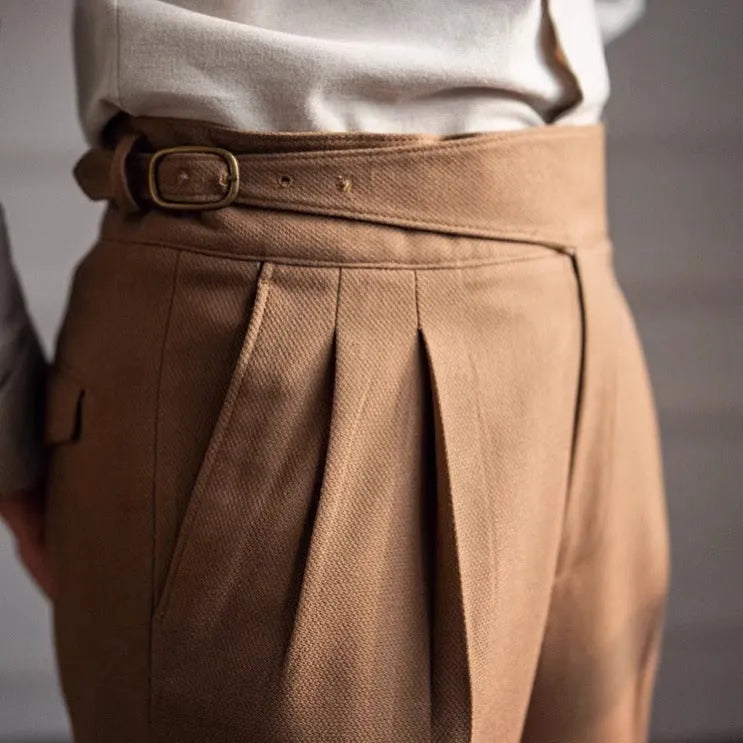 Men's high waist straight leg casual trousers in polyester fabric showing black, brown, khaki and white colour options
