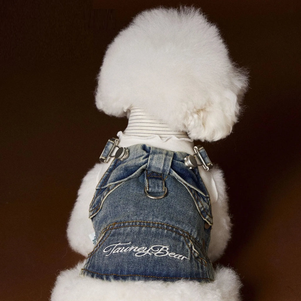 Dog wearing denim suspender skirt sleeveless cotton pet clothing for small and medium breeds