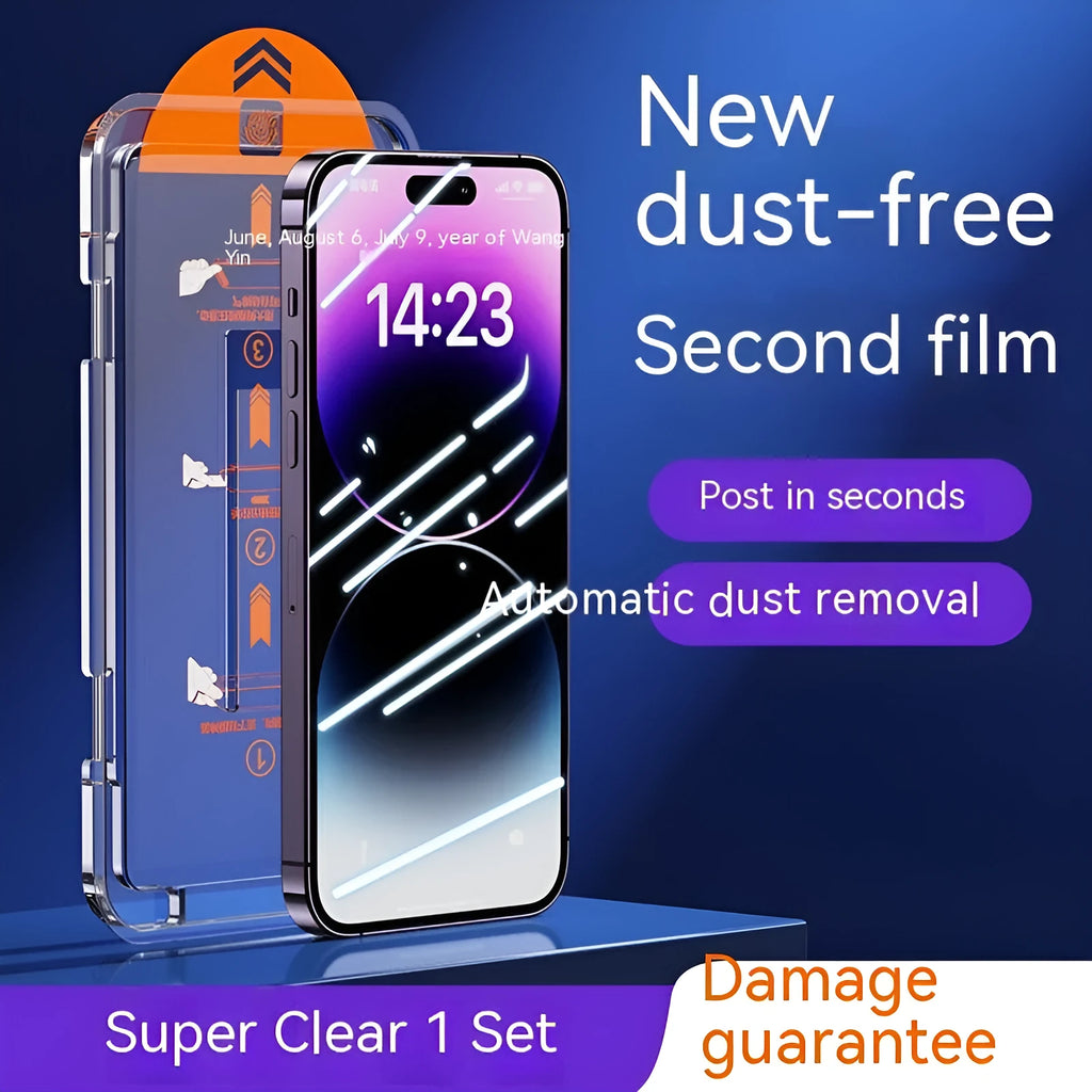 Dust-free Warehouse tempered glass iPhone screen protector two-pack showing HD and privacy variants