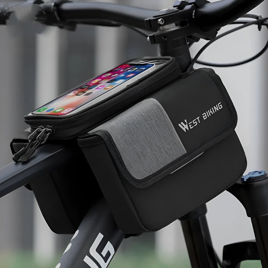 Black and grey bicycle handlebar saddle bag with bilateral tube design and adjustable straps