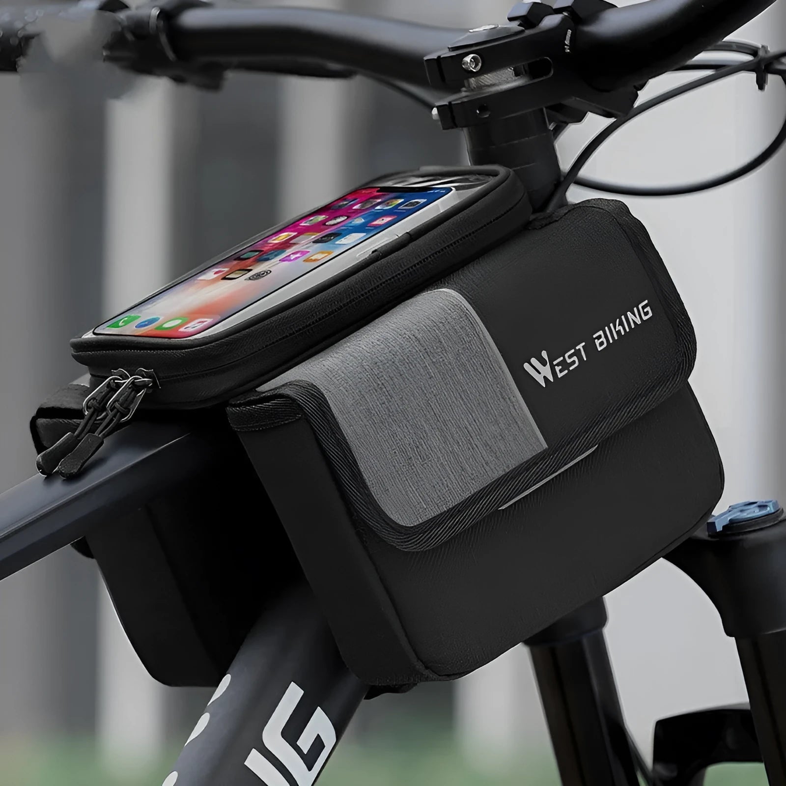 Black and grey bicycle handlebar saddle bag with bilateral tube design and adjustable straps