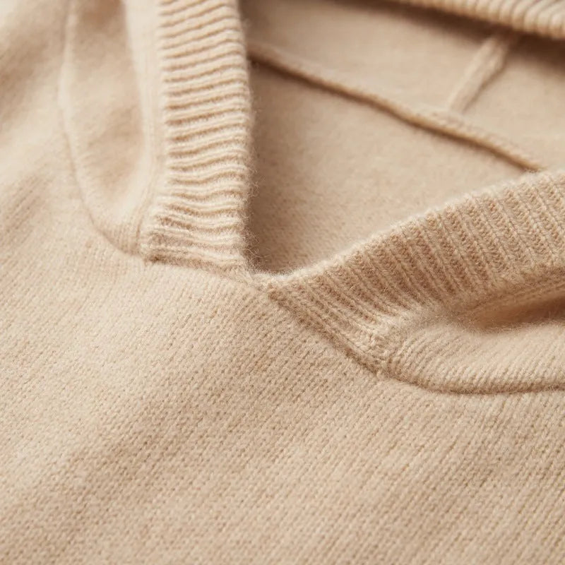 Men's cashmere hooded thickened sweater loose fit long sleeve pullover in solid colour, front view