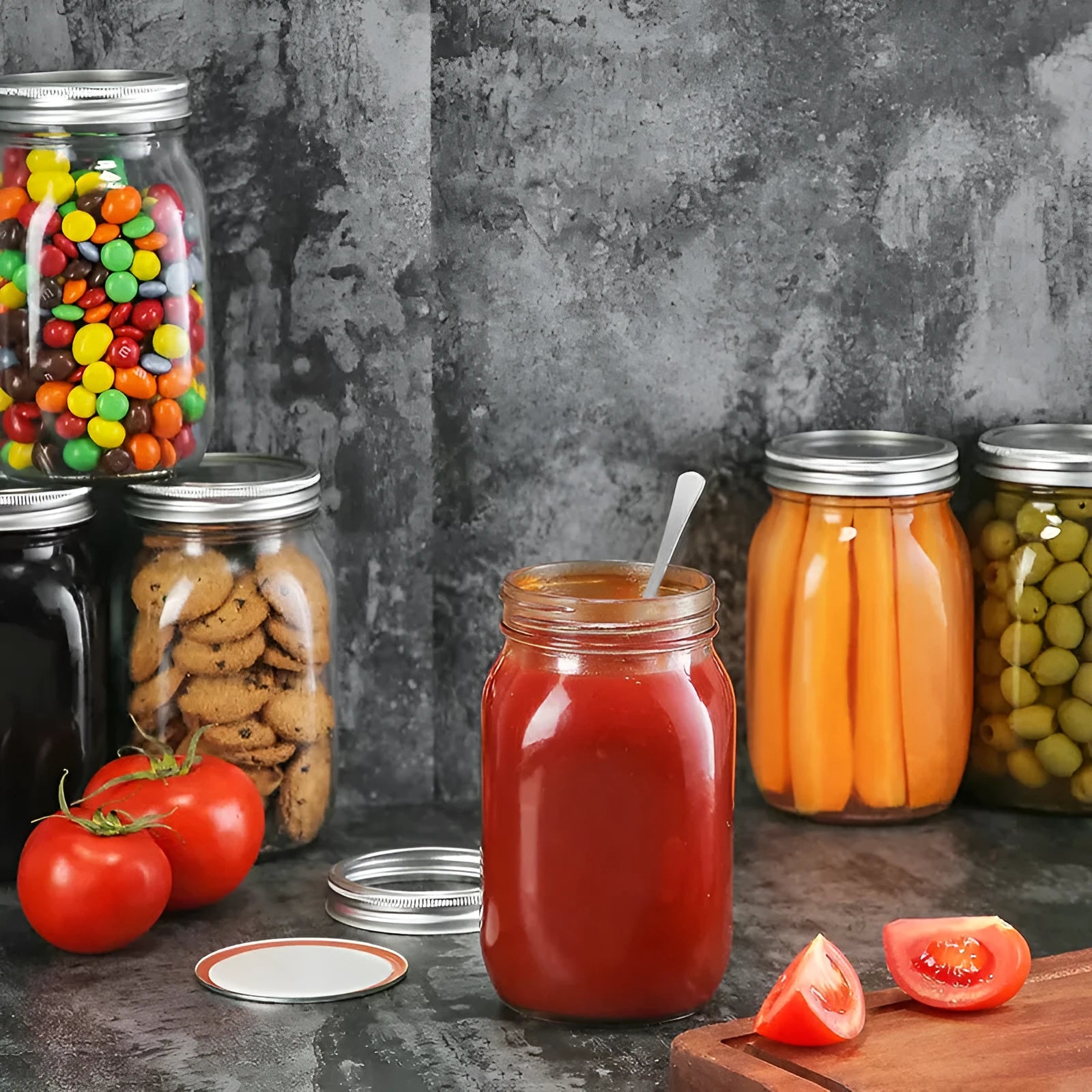 Set of six transparent 32oz glass bottles with airtight lids on a kitchen shelf