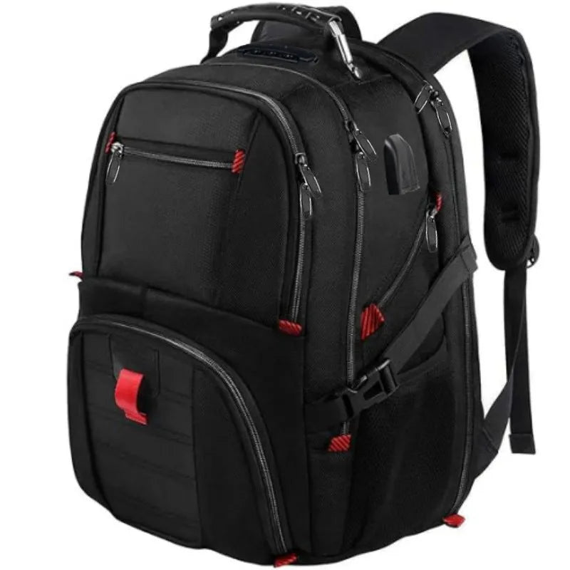 Large black USB travel backpack with curved shoulder straps shown from the side.