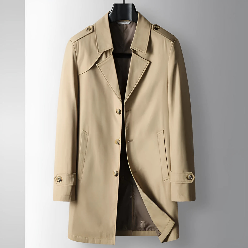 Mid-length lapel single breasted trench coat for men in khaki, chemical fibre blend, regular fit