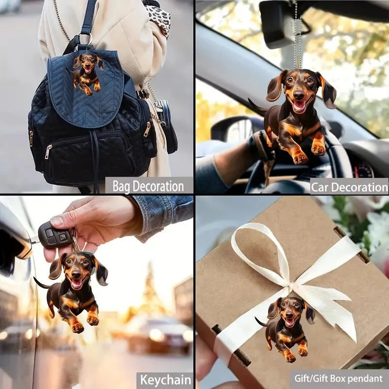 Flat acrylic car hanging ornament with cartoon dog design on white background