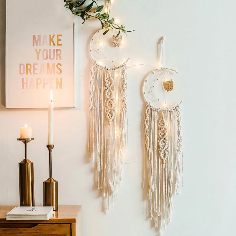 Handmade woven dreamcatcher hanging lamp with integrated light, 90cm long, hoop cotton thread, star moon motif