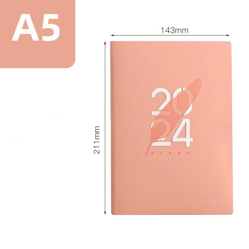 2024 English daily planner with imitation leather cover in blue, A5 size, open to a daily schedule page