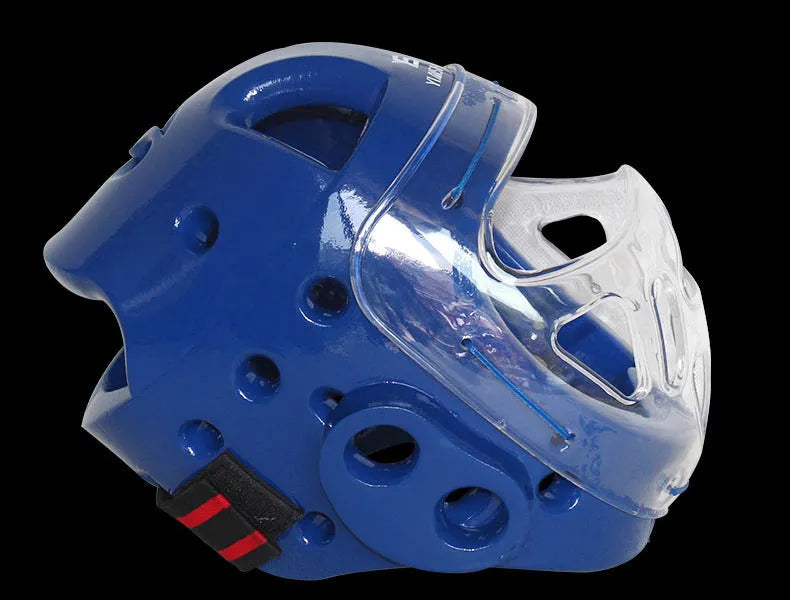Karate boxing helmet for head protection shown in white, blue, and red colour options.