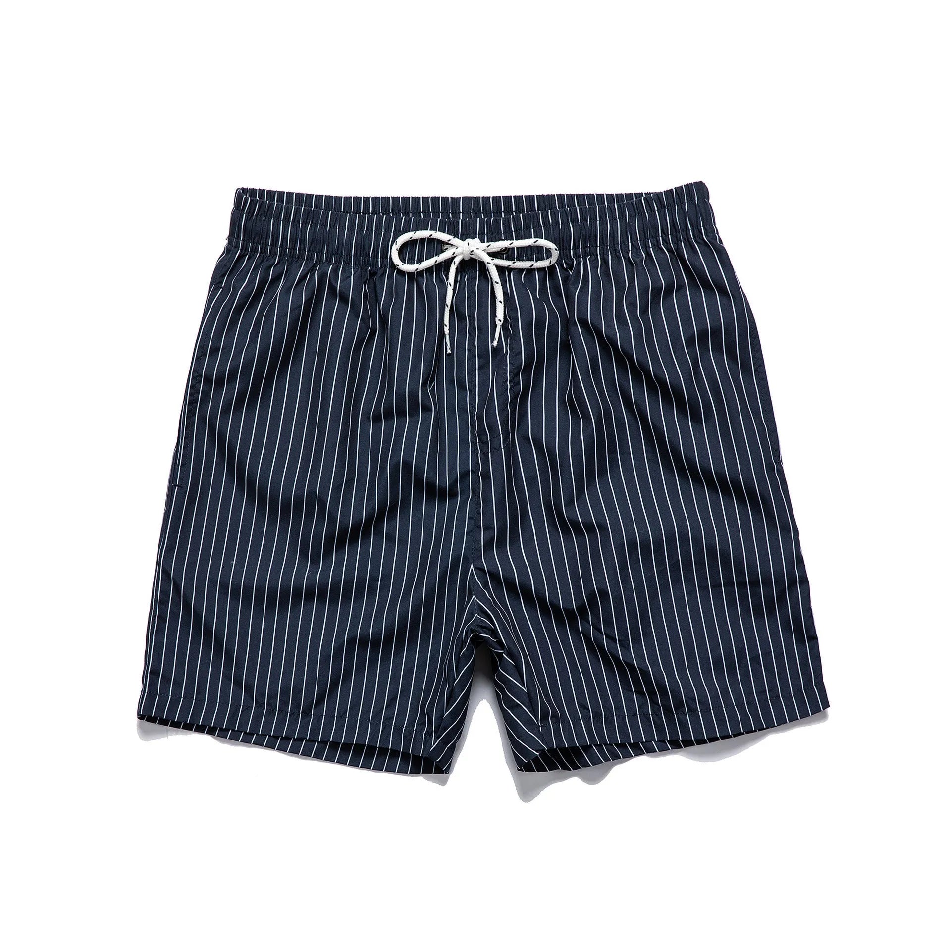 A pair of striped beach shorts in a light blue colour with a straight leg opening, laid flat.