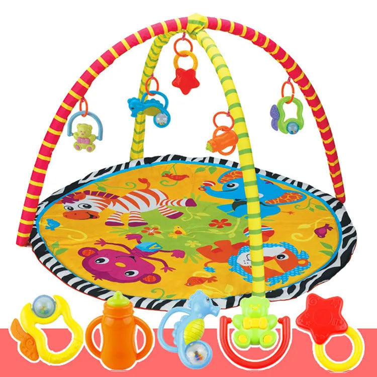 Personality brand velvet baby gymnastic rack game blanket with animal pattern on floor.