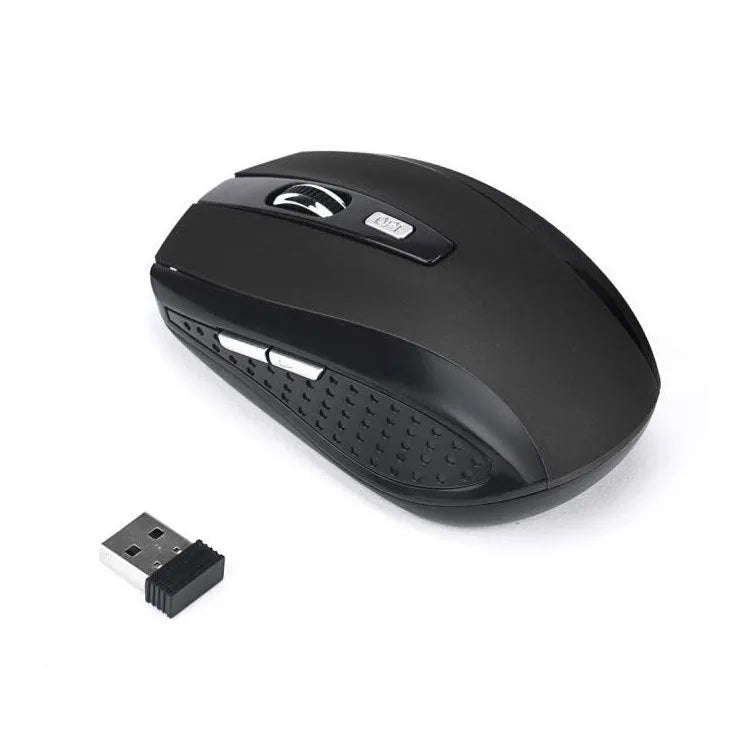 2.4G optical wireless mouse with six keys and four-way roller, shown in black