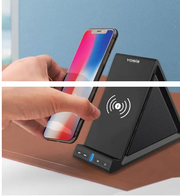 Black multifunctional Bluetooth speaker with integrated phone stand and wireless charging pad