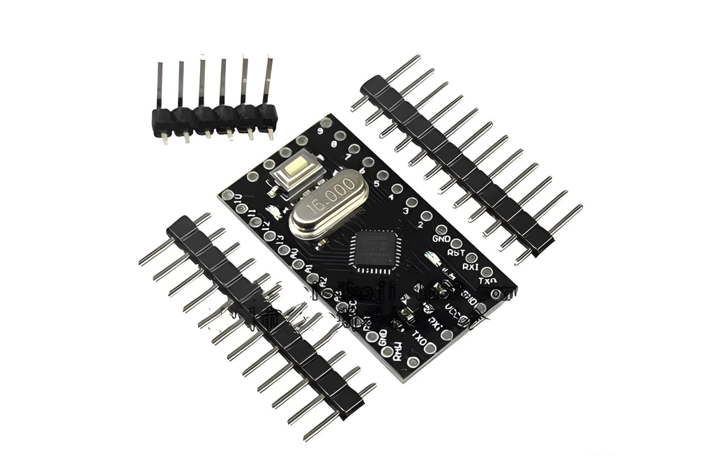 Mini Pro ATMEGA328P microcontroller circuit board showing digital and analog ports