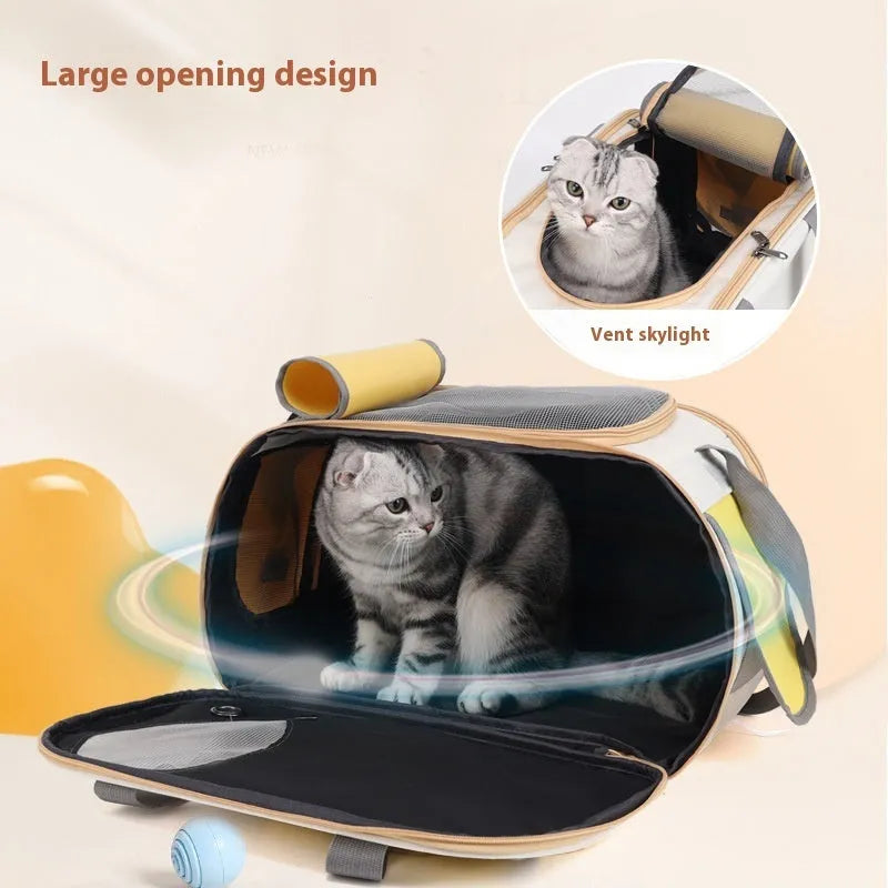 Large foldable single shoulder pet bag in canvas material, shown in yellow colour.