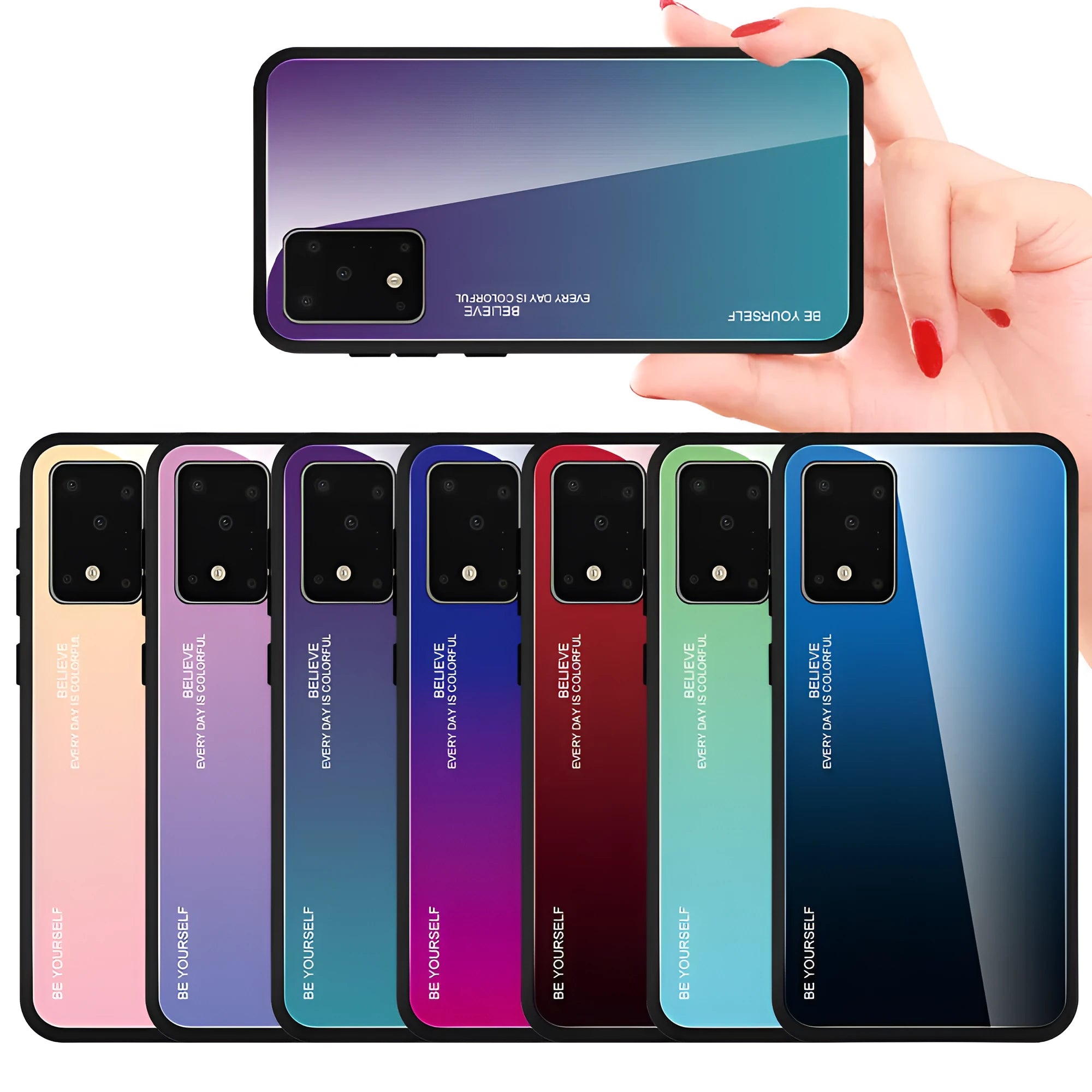 Gradient glass phone case for Samsung showing TPU edges and tempered glass back cover