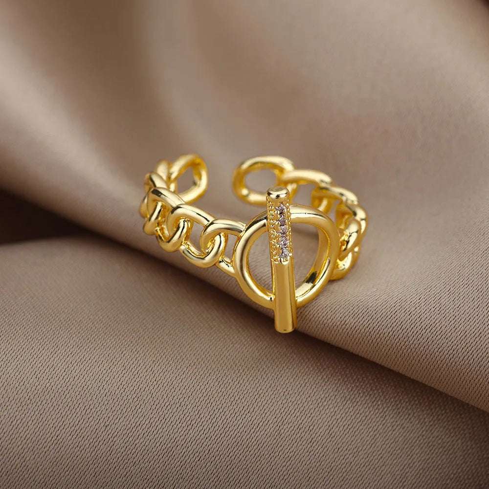 Gold plated copper adjustable open ring with zirconia inlay and OT buckle design