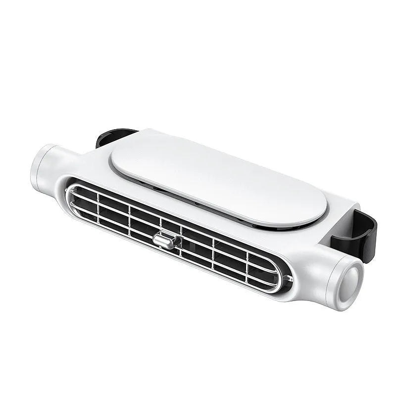 USB-powered car fan with velcro mount, shown in black, white, and beige colour options for vehicle seat use.